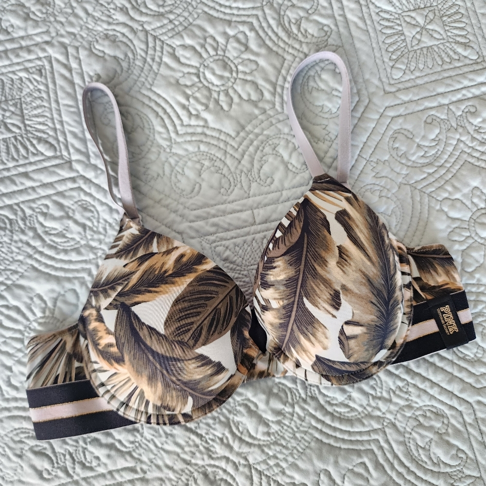 Pink Victoria's Secret 34B Push up bra tropical cute leaves print